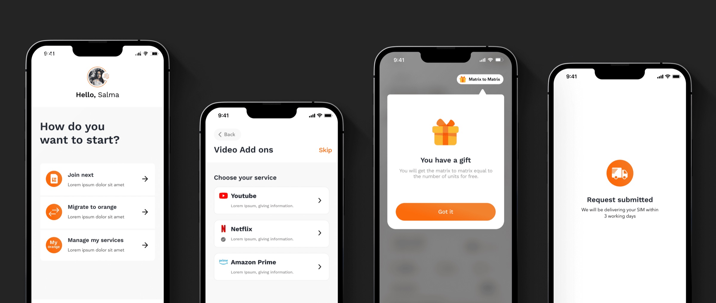 Orange app screens overview